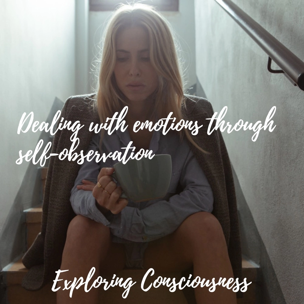 Woman on stairs, with mug, thoughtful.