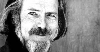 Black and white portrait of Alan Watts.